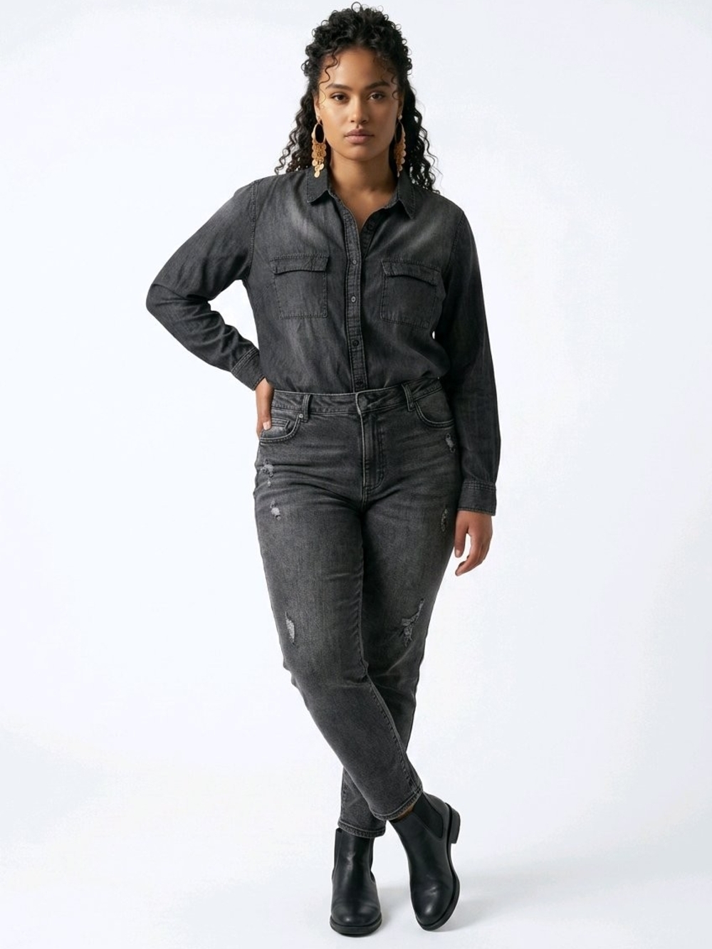 Women's Black Chambray Button-Down Shirt | Long Sleeve